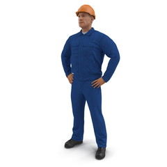 Construction Worker In Blue Coverall with Hardhat Standing Pose Isolated On White Background. 3D illustration