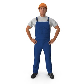 Construction Worker In Blue Overall with Hardhat Standing Pose Isolated On white Background. 3D illustration