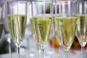 Glasses with champagne close-up, bubbles of champagne
