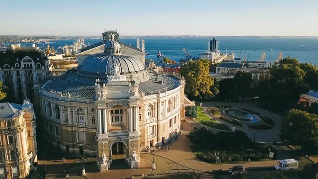 Odessa Ukraine sightseeing Opera and Ballet Theater. aerial video footage. Top view. Ukrainian city
