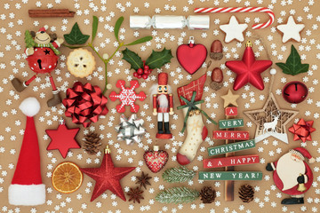 Symbols of Christmas collection with retro bauble decorations, food and winter flora with white snowflakes. Traditional Christmas festive greetings card. Top view.