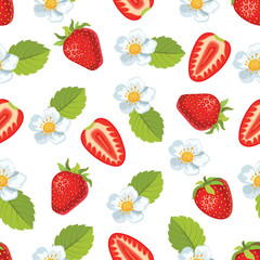 Strawberry with leaves and flowers. Seamless pattern