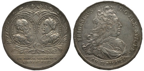 Sweden Swedish silver coin 1 thaler 1721, subject 200th Anniversary of Reformation, two busts in...