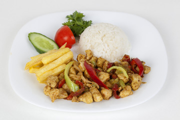 chicken with sauce with potato and rice