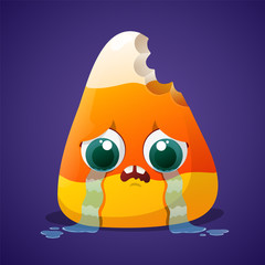 Cute halloween candy corn with crying face isolated on violet background