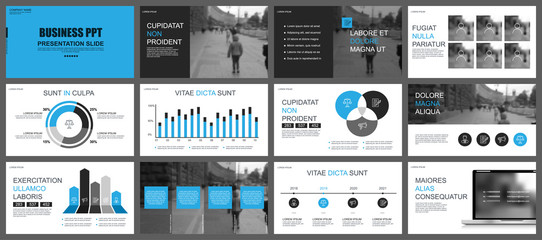 Business presentation slides templates from infographic elements. Can be used for presentation, flyer and leaflet, brochure, corporate report, marketing, advertising, annual report, banner, booklet.