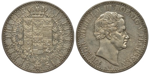 Germany German silver coin one thaler 1831, Land Prussia, crowned shield with numerous elements surrounded by collar of the order, date below, King Friedrich Wilhelm III head right,