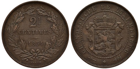 Luxembourg Luxembourgish coin 2-1/2 two and a half centimes 1854, value flanked by laurel/oak  wreath, shield with lion surrounded by country name 