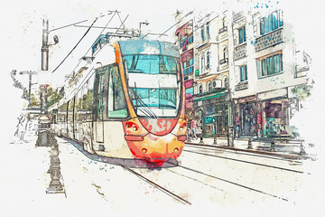 Fototapeta na wymiar A watercolor sketch or an illustration of a traditional tram or ground train in Istanbul in Turkey.