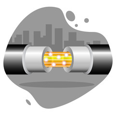 Icon of optic cable on the background silhouette of the city