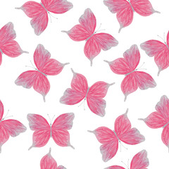 Watercolor pink  butterfly seamless pattern hand drawn