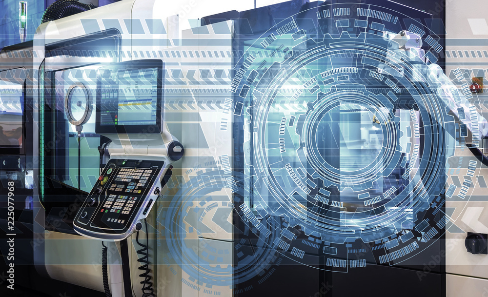 Wall mural holograms of technological background on top of modern machine with numerical control, concept of in