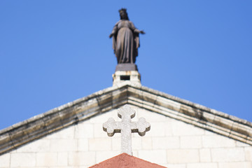 Cross with virgin Mary, closeup, for religious, spiritual themes