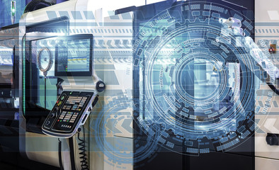 holograms of technological background on top of modern machine with numerical control, concept of industry and mechanical engineering