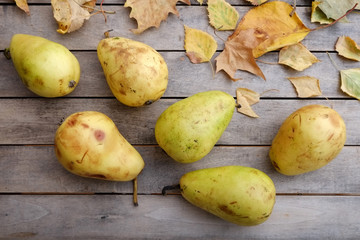 Organic pears on a rustic wooden table decorated with autumn leaves