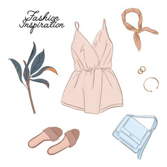 Hand drawn fashion woman clothes. Vector accessories watercolor sketch. Outfit modern illustration. Model summer beautiful style. Shopping magazine set stylish look. 