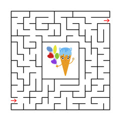 Abstract square maze with a cute color cartoon character. Funny ice cream. An interesting and useful game for children. Simple flat vector illustration isolated on white background.