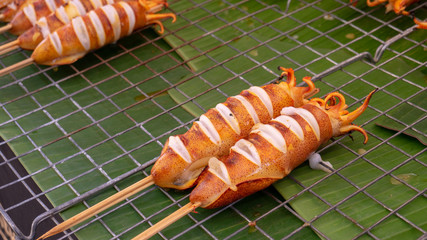 Grilled squid on tray is street food.