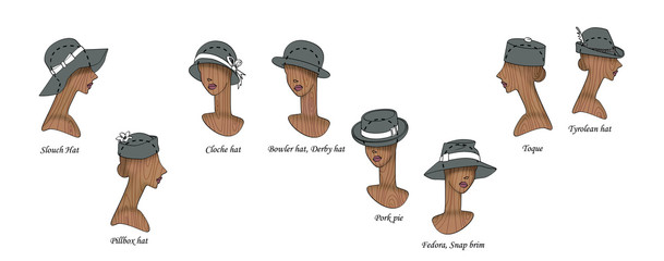 A set of 8 variants of fashionable and retro female hats on wooden mannequins of female heads. Isolated on white background - obrazy, fototapety, plakaty