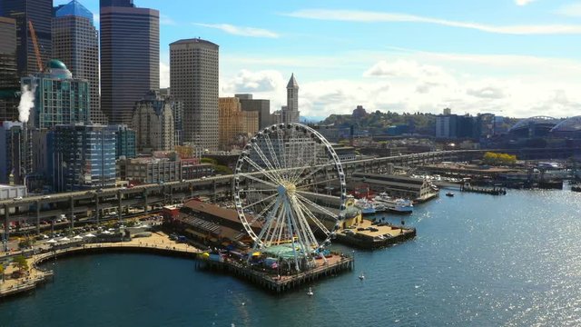 Drone footage Seattle Great Wheel ferris ride pier