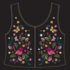 Embroidery trend ethnic floral pattern with flowers, birds and butterflies for jeans jacket back. Vector traditional embroidered set with flowers on black background for clothing design.