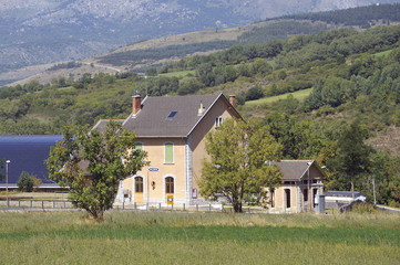 Facade of the Saillagouse train station on the line of the little yellow train