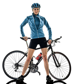 one caucasian cyclist woman cycling riding bicycle standing smiling isolated on white background