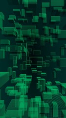 Green and dark abstract digital and technology background. The pattern with repeating rectangles. 3D illustration