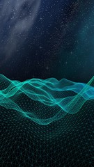 Abstract landscape on a dark background. Star horizon. Cyberspace grid. Hi-tech network. Outer space. Starry outer space texture. 3D illustration