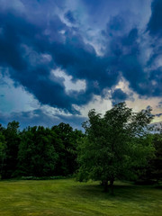 A storm rolls in with storm clouds in a backyard in Michigan 