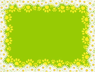 Summer green frame background with daisies and animal paw prints.