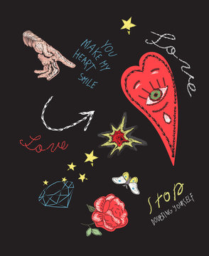 Trend patch with heart, roses, butterfly and text. Vector hand drawn illustration for t shirt, embroidery or printing tee.