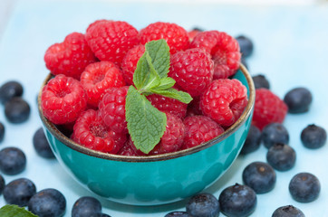 Delicious fresh raspberries in a bowl.