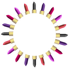 Vector illustration template with pink, red, violet, black lipstick on gold boxing. White background. Circle arrangement from the centre to the corners