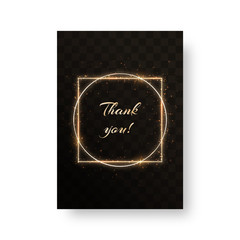 Bright greeting card with golden frame and shiny gold particles on a transparent background