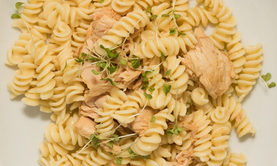 Top view: delicious pasta with fish, greens and olive oil.