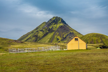 Ancient farmhouses near the Hvanngil camp site, Laugavegur hiking trail, Highlands of Iceland