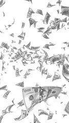 Flying dollars banknotes isolated on white background. Money is flying in the air. 100 US banknotes new sample. Black and white style. 3D illustration