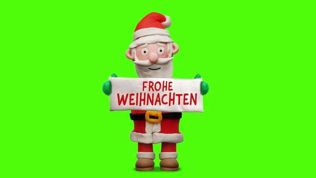 Weihnachtsmann aus Knete mit Schild „Frohe Weihnachten“ – Animation mit Greenscreen