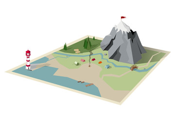 landscape camping map with sea, forest and mountain