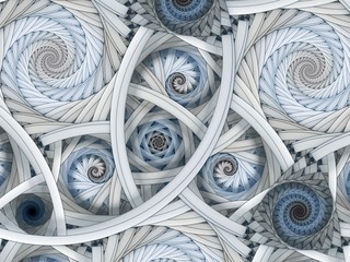 Symmetrical colorful fractal blue flower spiral, digital abstract - obrazy, fototapety, plakaty