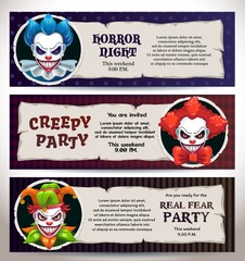 Halloween celebration event banners with scary clown faces.