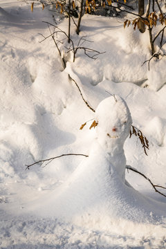 A snowman after a snow fall, storm. Winter activity, copy space, background.