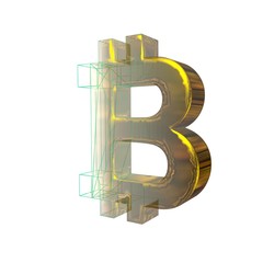 Bitcoin sign, green grid goes to gold on a white background. 3D illustration