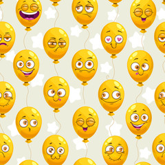 Seamless pattern with funny cartoon yellow balloons. Emoji faces texture.