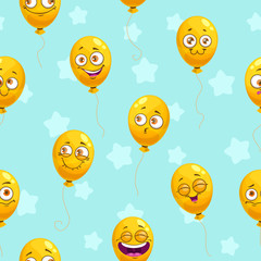 Obraz na płótnie Canvas Seamless pattern with funny cartoon yellow balloons. Emoji faces texture.