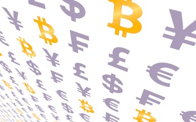 Bitcoin and currency on a white background. Digital Cryptocurrency symbol. Business concept. Market Display. 3D illustration