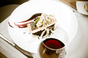Baked salmon, beetroot mousse, black lentils and pear