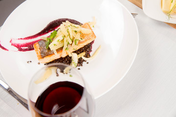 Baked salmon, beetroot mousse, black lentils and pear