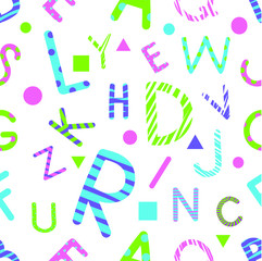 Bright vector pattern of colored letters on a white background, can be used for print on various surfaces